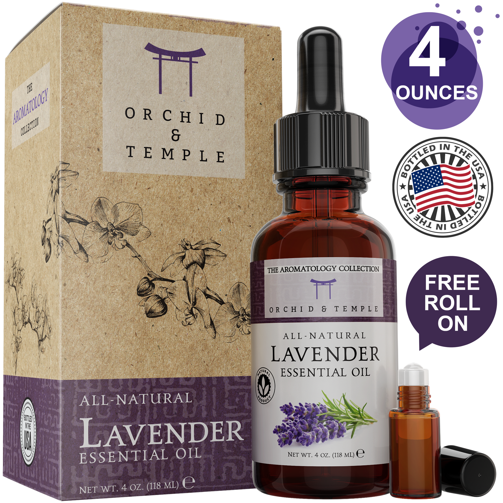 Lavender Essential Oil Bath Set - 4oz with Roller and Dropper